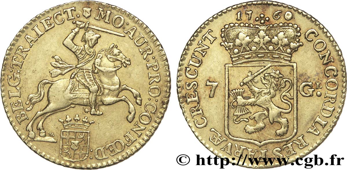 NETHERLANDS - UNITED PROVINCES - UTRECHT 7 gulden ou demi-cavalier d or de sept florins 1760 Utrecht AU/AU