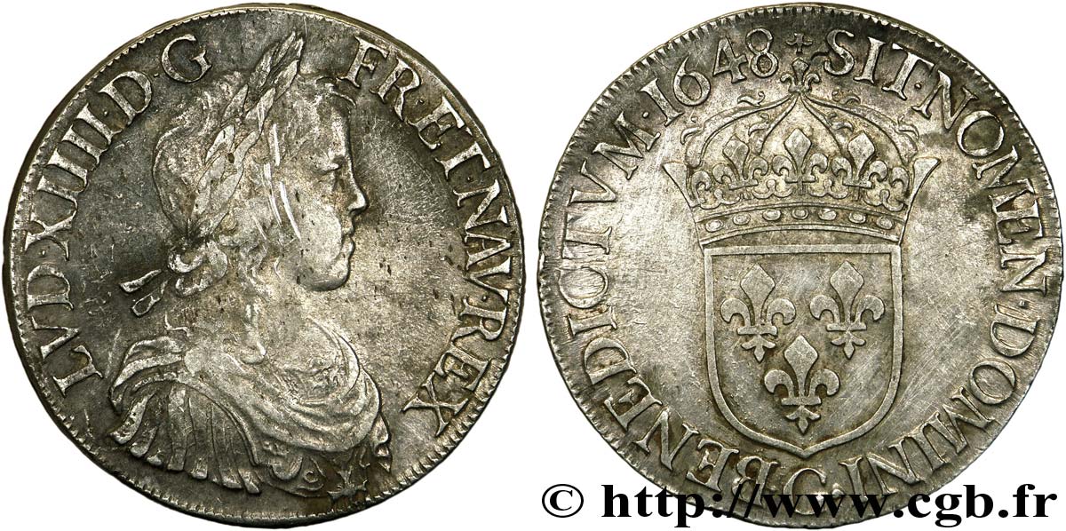 LOUIS XIV  THE SUN KING  Écu à la mèche longue 1648 Poitiers XF