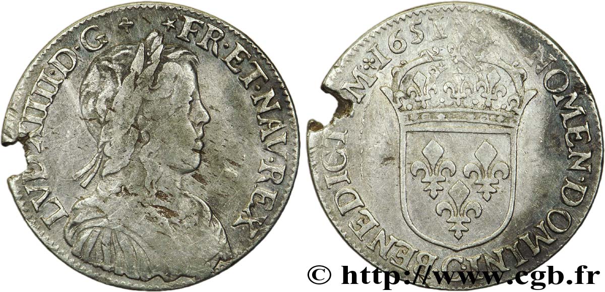 LOUIS XIV  THE SUN KING  Demi-écu à la mèche longue 1651 Saint-Lô VF