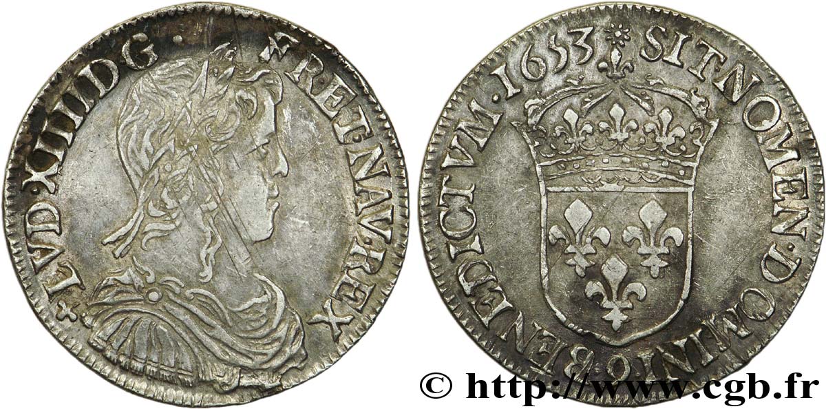 LOUIS XIV LE GRAND OU LE ROI SOLEIL Demi-écu à la mèche longue 1653 Rennes TTB+/TTB