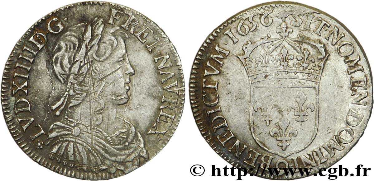 LOUIS XIV &nbsp;THE SUN KING&nbsp; Demi-écu à la mèche longue 1656 Rennes XF
