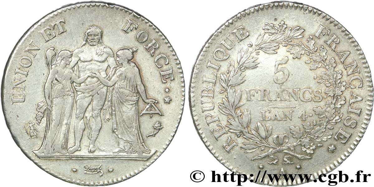 5 francs Union et Force, Union serré, avec glands intérieurs et gland extérieur 1796 Paris F.288/2 XF 