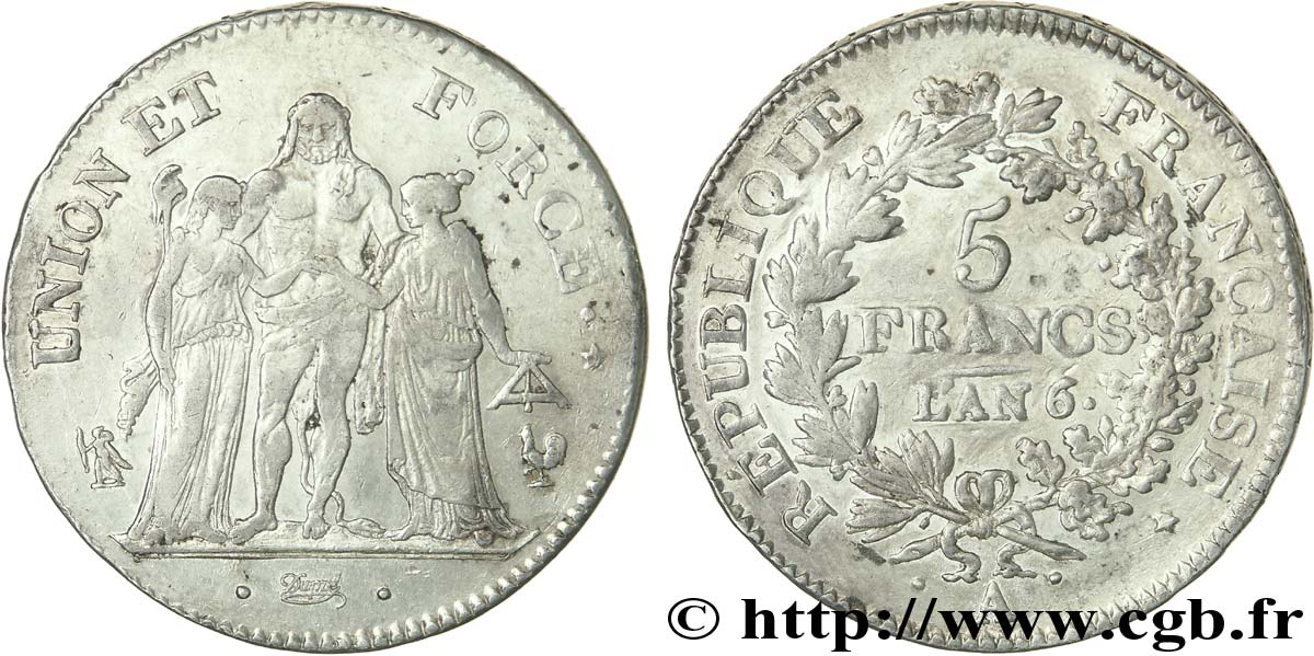 5 francs Union et Force, Union serré, avec glands intérieurs et gland extérieur 1798 Paris F.288/33 XF 