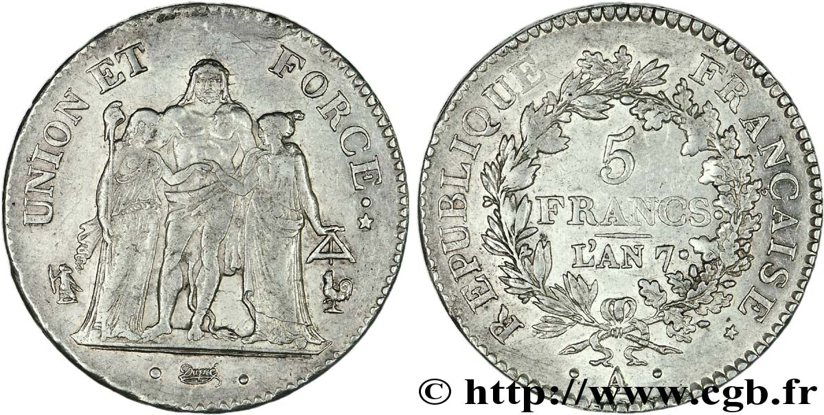 5 francs Union et Force, Union serré, seulement gland extérieur 1799 Paris F.288/98 BB 