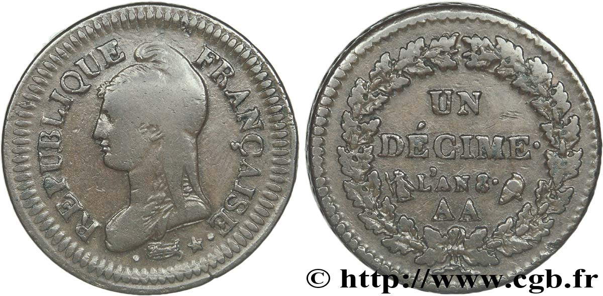 Un décime Dupré, grand module, avers de Cinq centimes 1800 Metz F.129/57 var. VF 