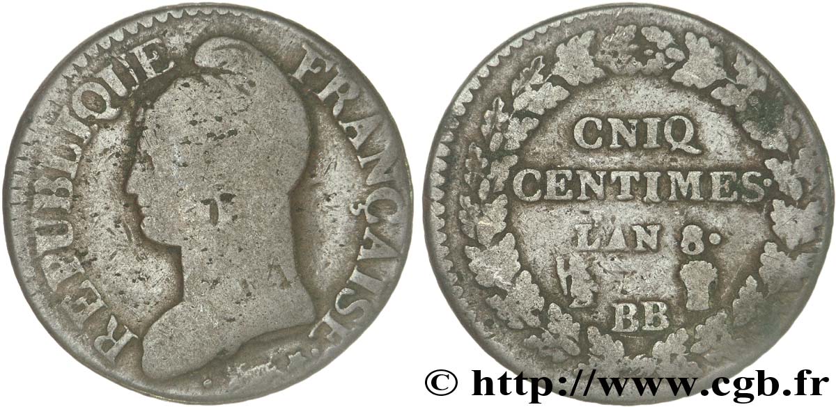 Cinq centimes Dupré, grand module, CNIQ 1800 Strasbourg F.115/117 RC 