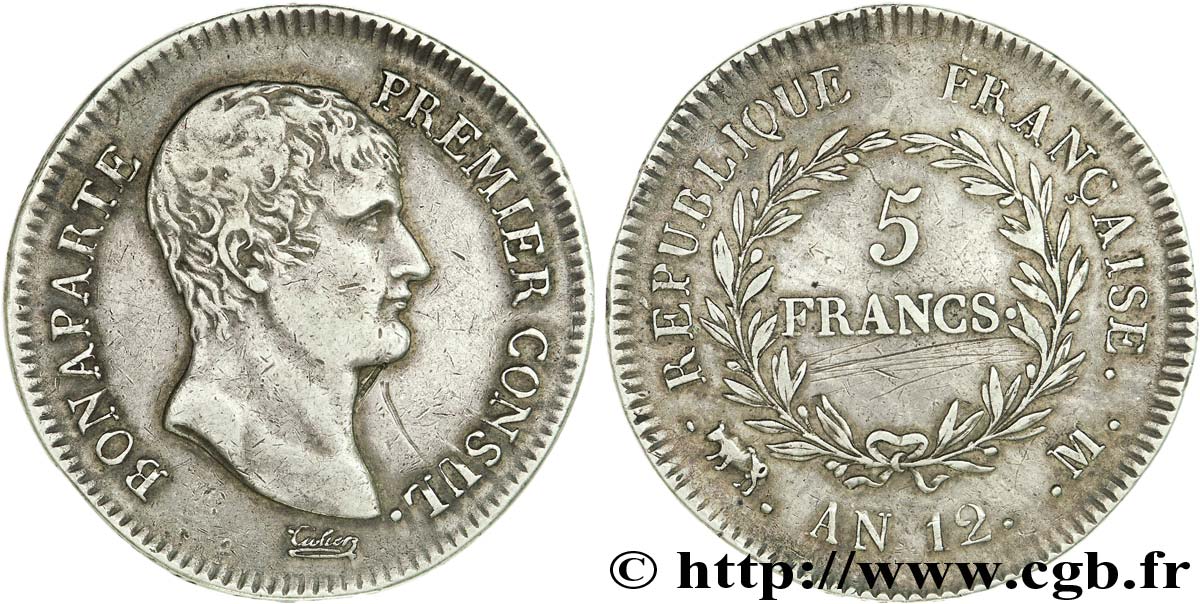 5 francs Bonaparte Premier Consul, flan large 1804 Toulouse F.301/20 MBC 