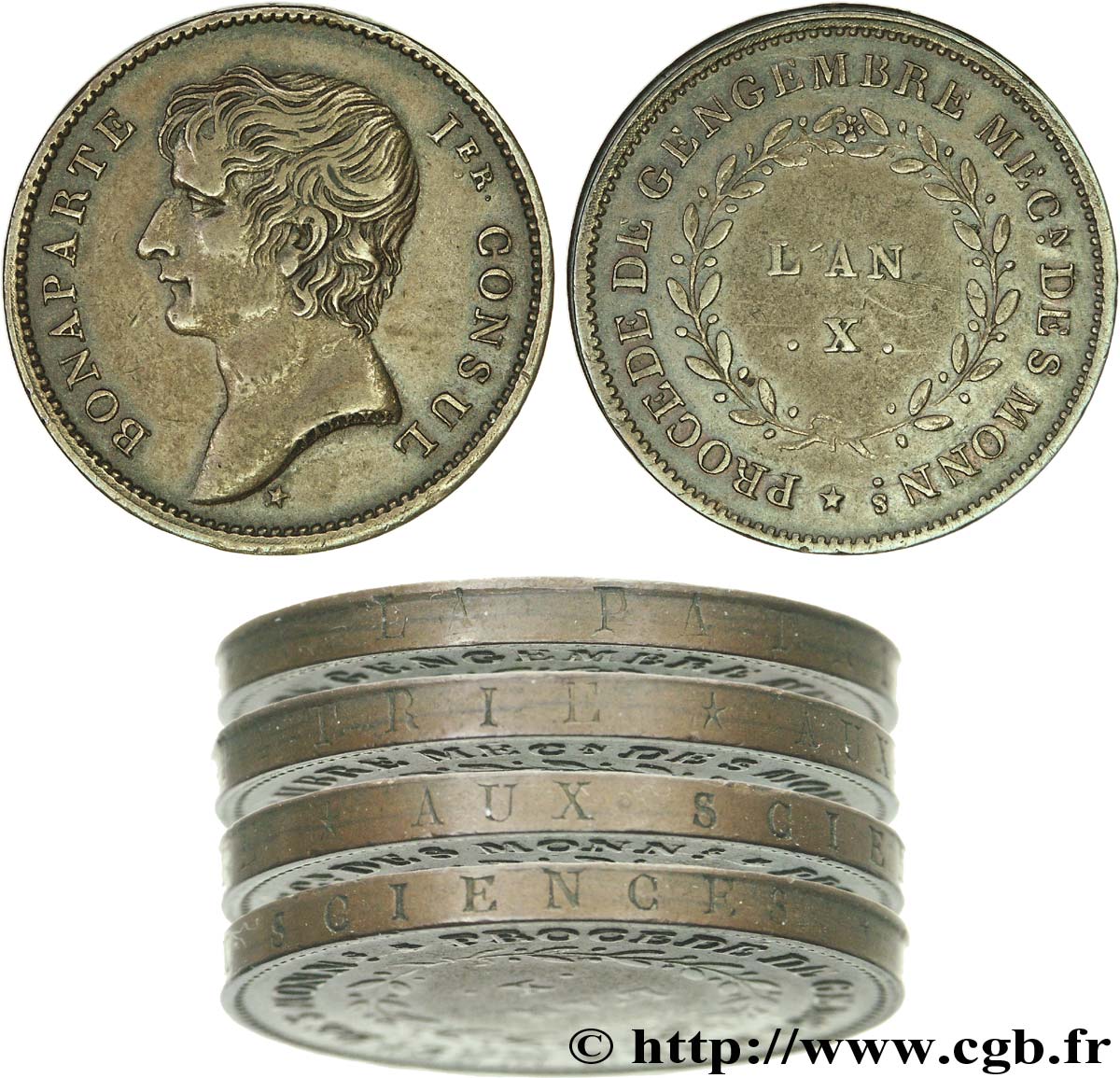 Essai au module de 2 francs Bonaparte par Jaley d&nbsp;après le procédé de Gengembre, variété de tranche 1802 Paris VG.979  TTB 