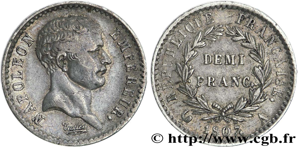 Demi-franc Napoléon Empereur, tête de nègre 1807 Paris F.176/1 TB 
