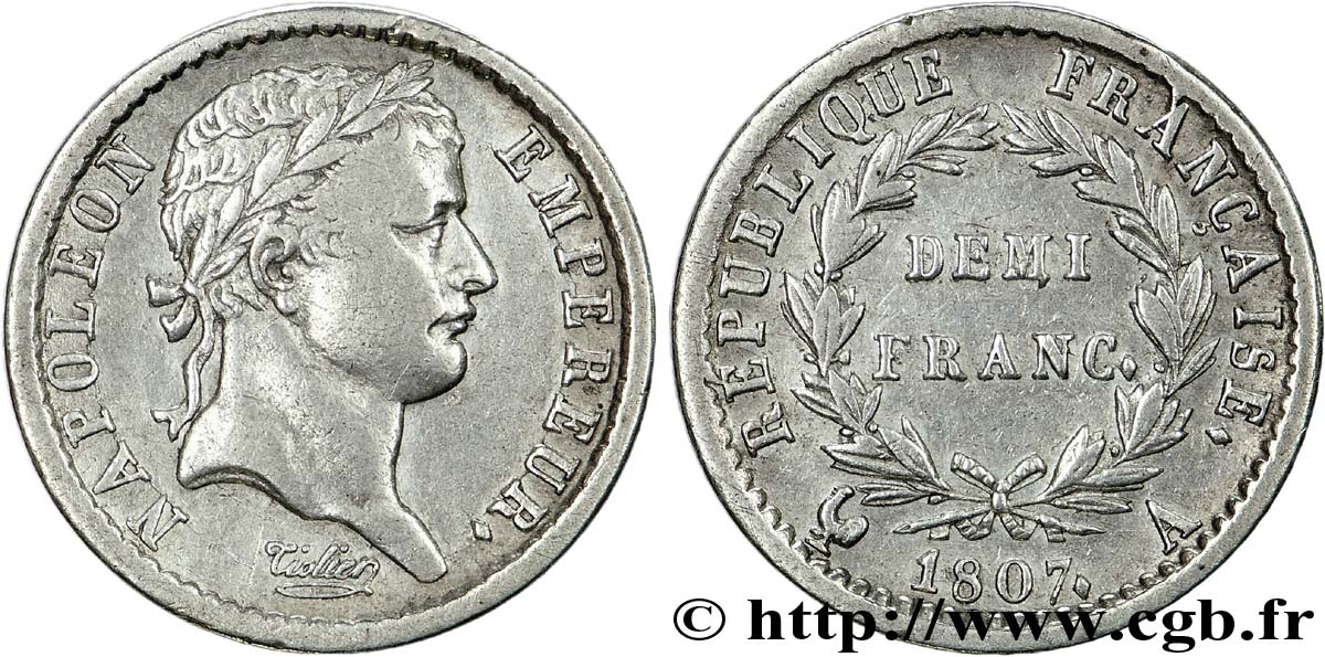 Demi-franc Napoléon Ier tête laurée, République française 1807 Paris F./ MBC 