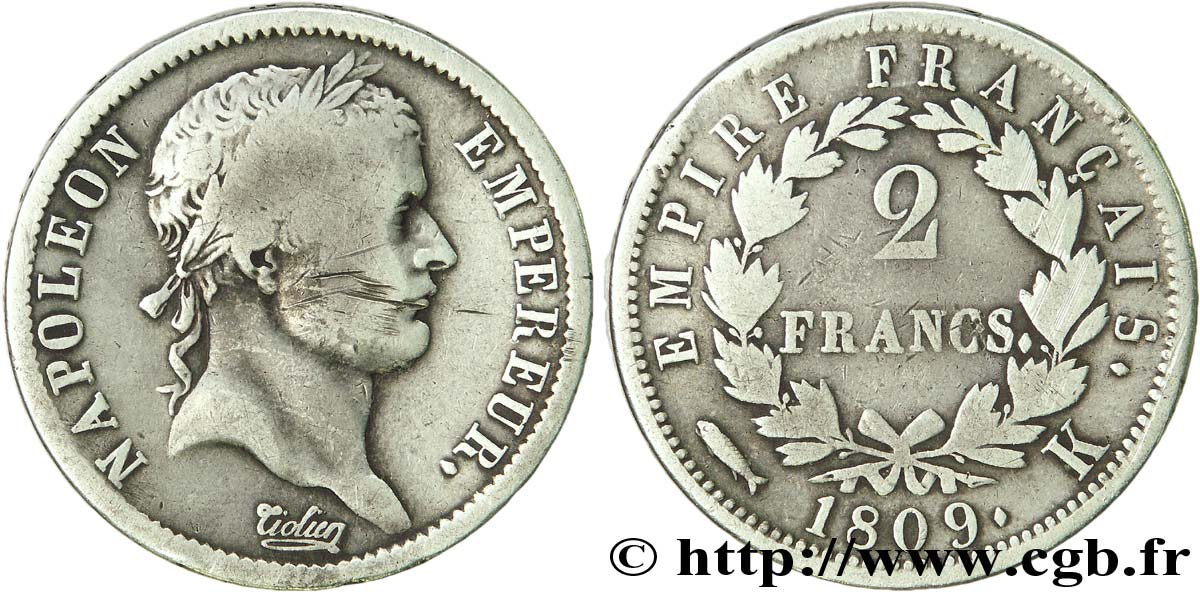 2 francs Napoléon Ier tête laurée, Empire français 1809 Bordeaux F.255/4 BC 