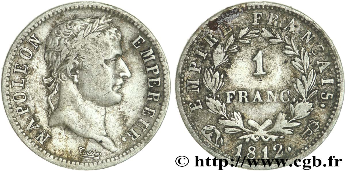 1 franc Napoléon Ier tête laurée, Empire français 1812 Rome F.205/53 TB 