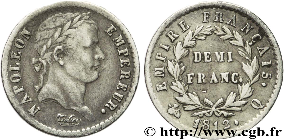Demi-franc Napoléon Ier tête laurée, Empire français, coin choqué 1812 Perpignan F.178/44 TTB 