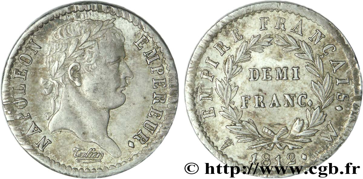 Demi-franc Napoléon Ier tête laurée, Empire français 1812 Lille F.178/48 MBC 