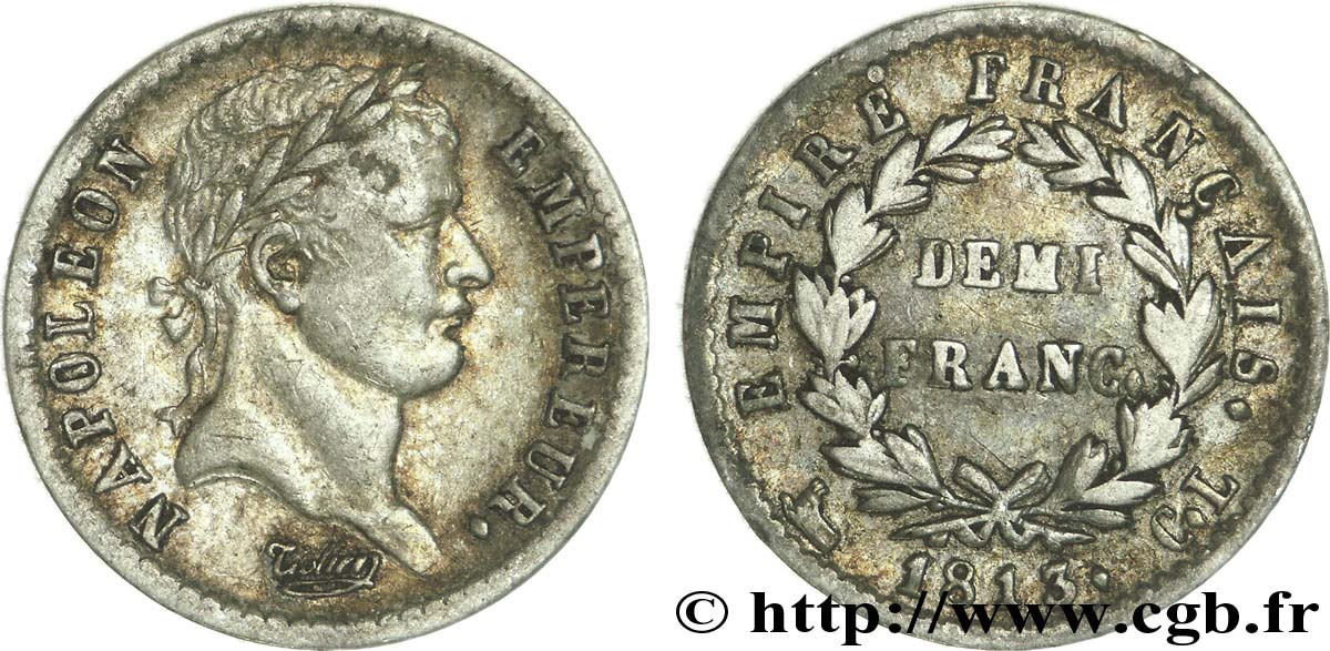 Demi-franc Napoléon Ier, tête laurée, Empire français 1813 Gênes F.178/50 TB 