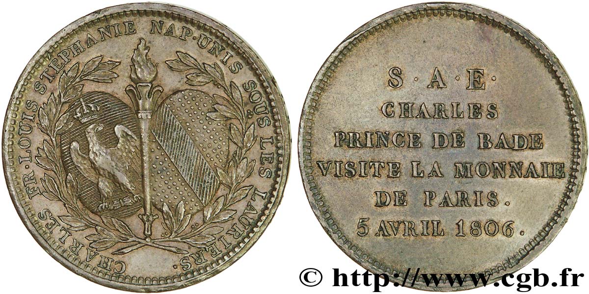 Monnaie de visite, module de 2 francs, pour Charles de Bade 1806 Paris VG.1508  SPL 