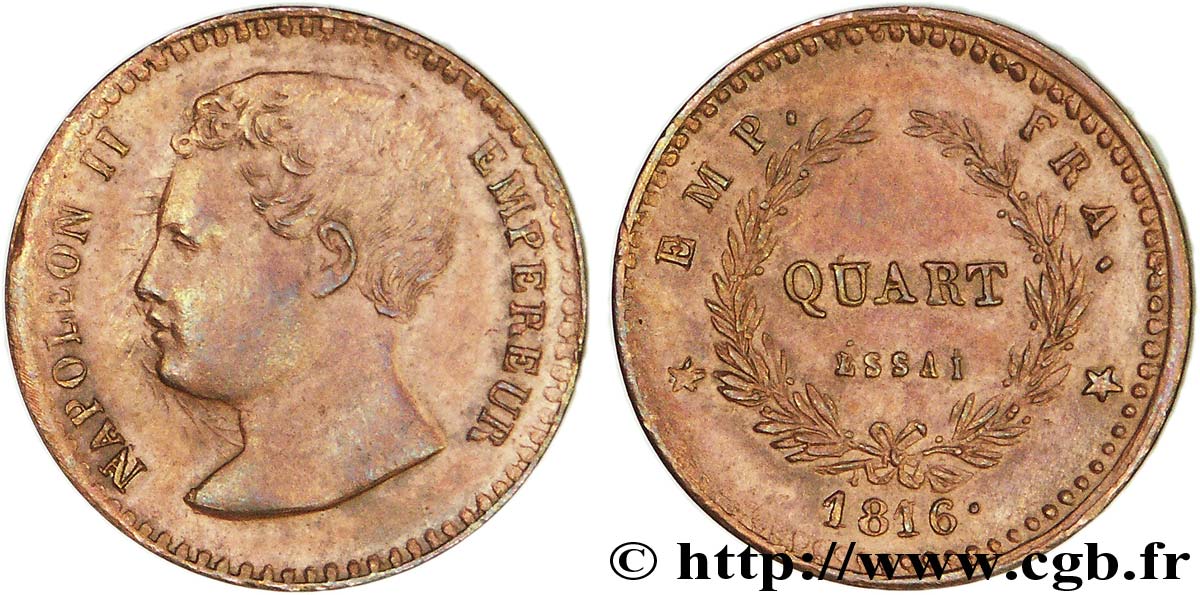 Essai de quart (de franc) en bronze 1816   VG.2411  SUP 