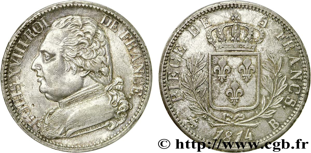 5 francs Louis XVIII, buste habillé 1814  Rouen F.308/2 MBC 