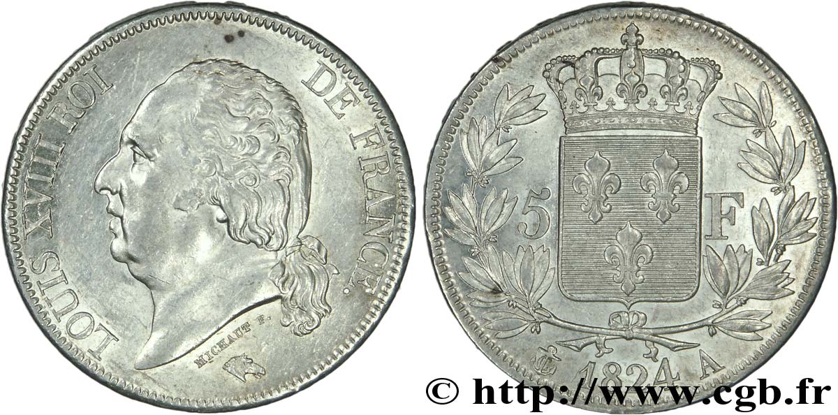 5 francs Louis XVIII, tête nue 1824 Paris F.309/88 SPL 