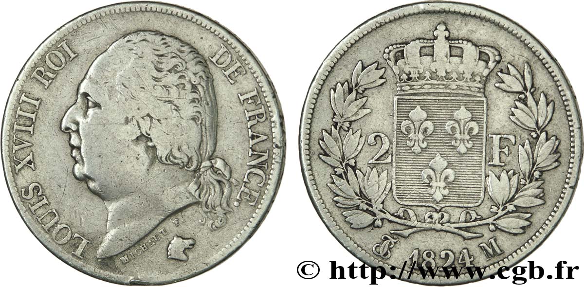 2 francs Louis XVIII 1824 Toulouse F.257/59 VF 