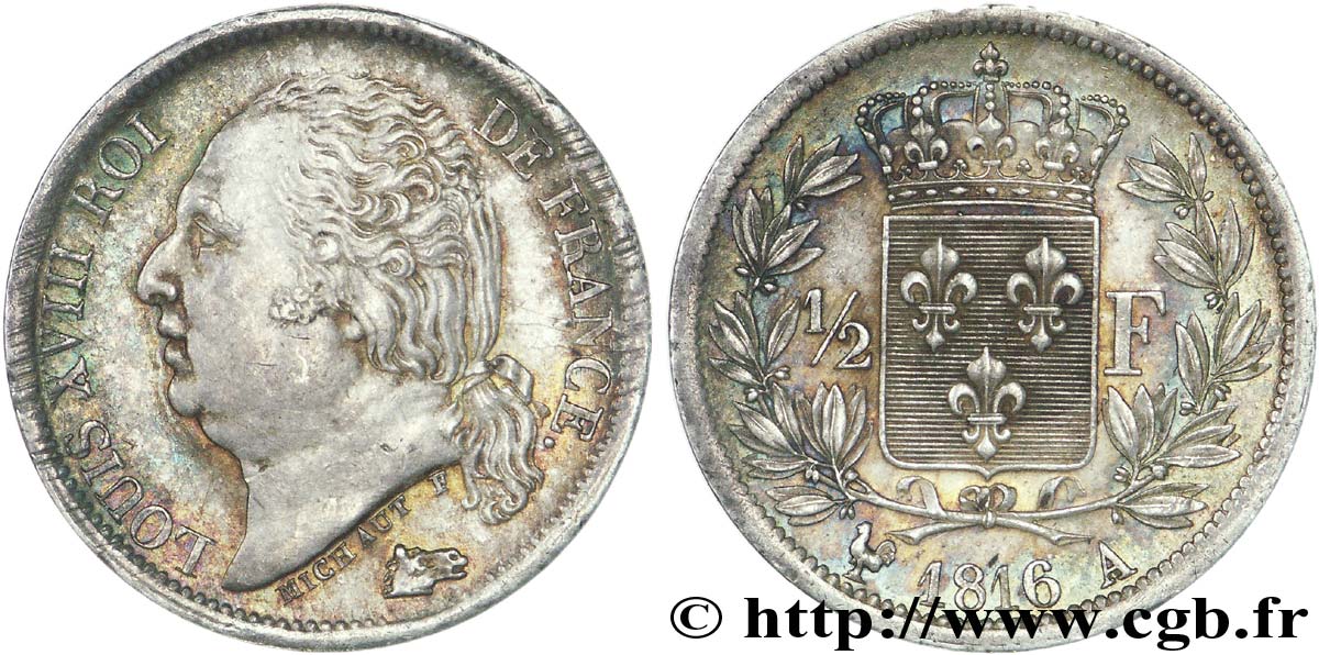 1/2 franc Louis XVIII 1816 Paris F.179/1 AU 