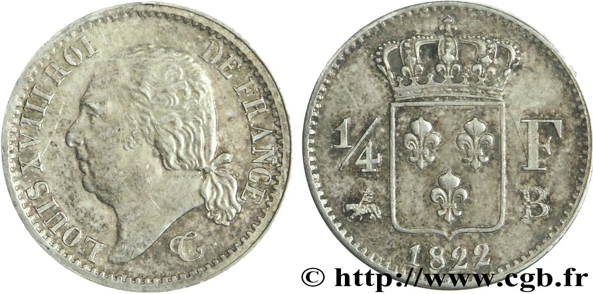 1/4 franc Louis XVIII 1822 Rouen F.163/22 SPL 