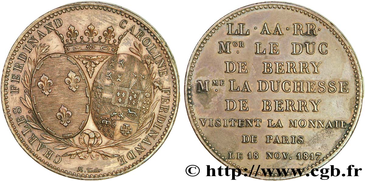 Monnaie de visite, module de 5 francs, pour le duc et la duchesse de Berry à la Monnaie de Paris 1817 Paris VG.2500  var. VZ 