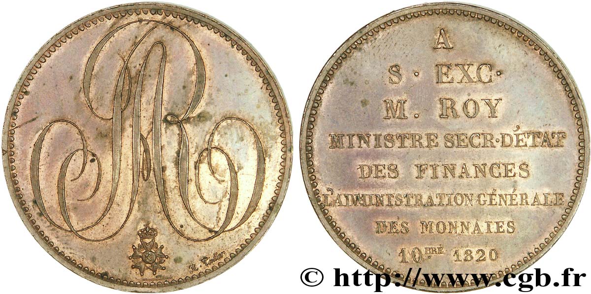 Pièce de plaisir, module de 5 francs, pour le ministre secrétaire d’État M. Roy 1820 Paris Maz.795 a SUP 