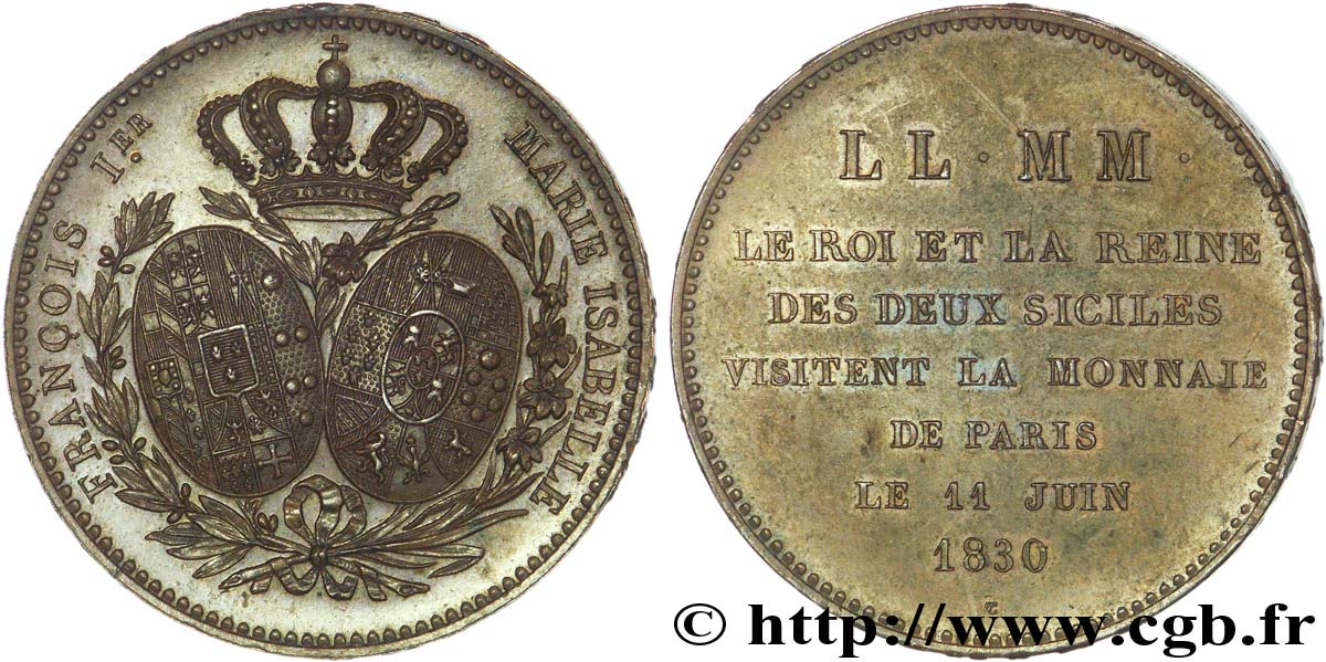Monnaie de visite, module de 5 francs, pour le roi et la reine des Deux-Siciles à la Monnaie de Paris 1830 Paris VG.2685  SUP 