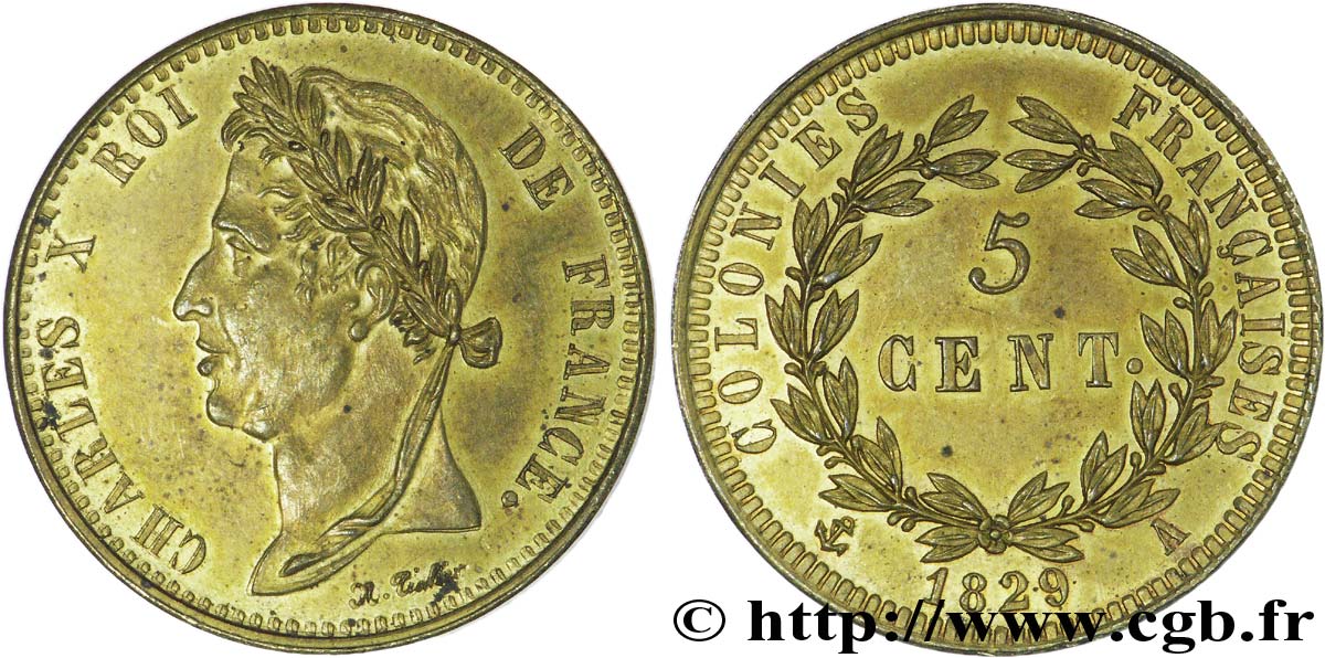 CHARLES X 5 centimes pour les colonies françaises, Guyane 1829 Paris SUP 