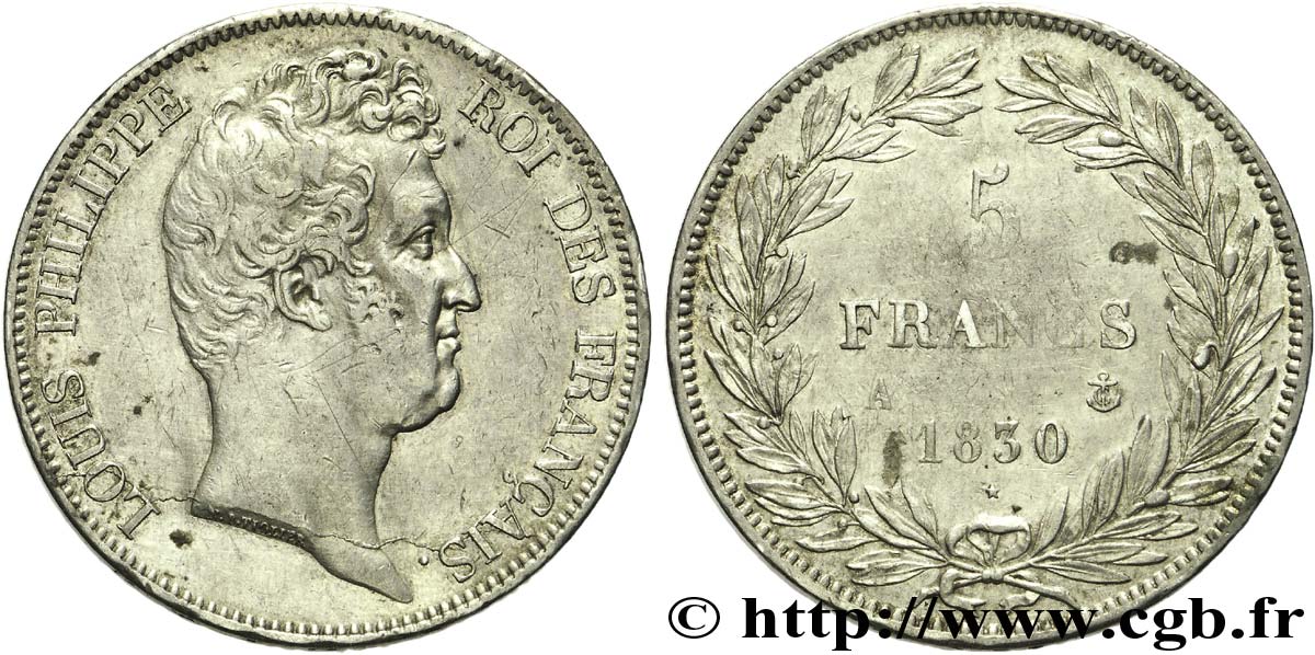 5 francs type Tiolier sans le I, tranche en creux 1830  Paris F.313/1 MB 