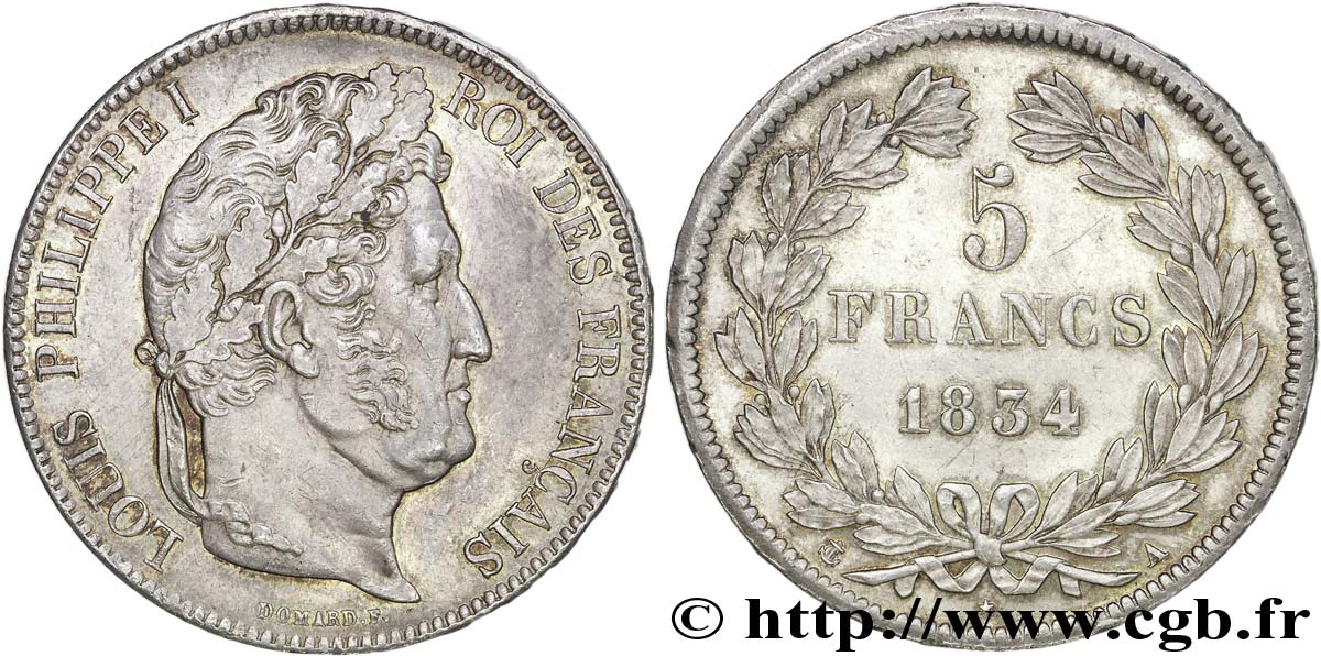 5 francs, IIe type Domard 1834 Paris F.324/29 SUP 