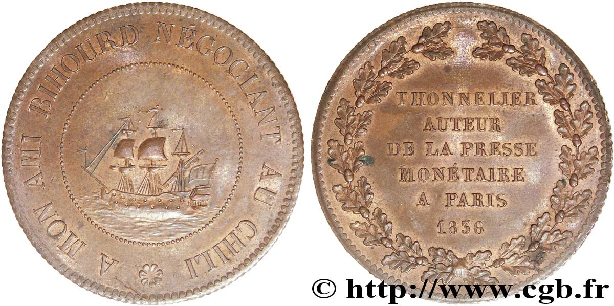Module de 5 francs en bronze, Bihourd au Chili 1836 Paris VG.2860  AU 