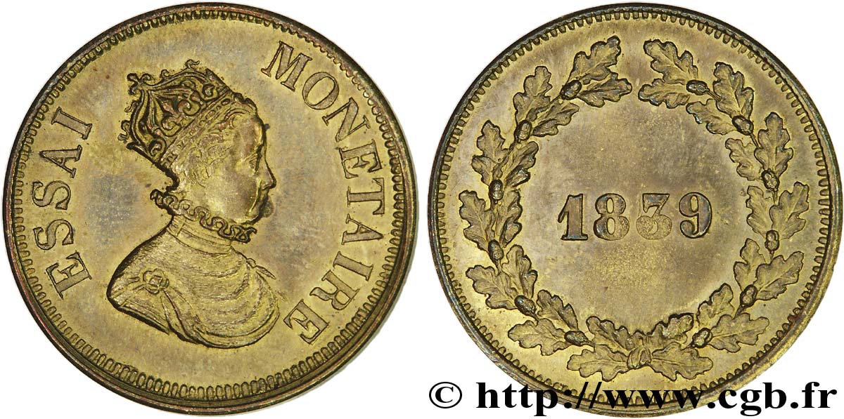 Essai monétaire cuivre jaune, module du décime 1839  VG.2901 var. EBC 