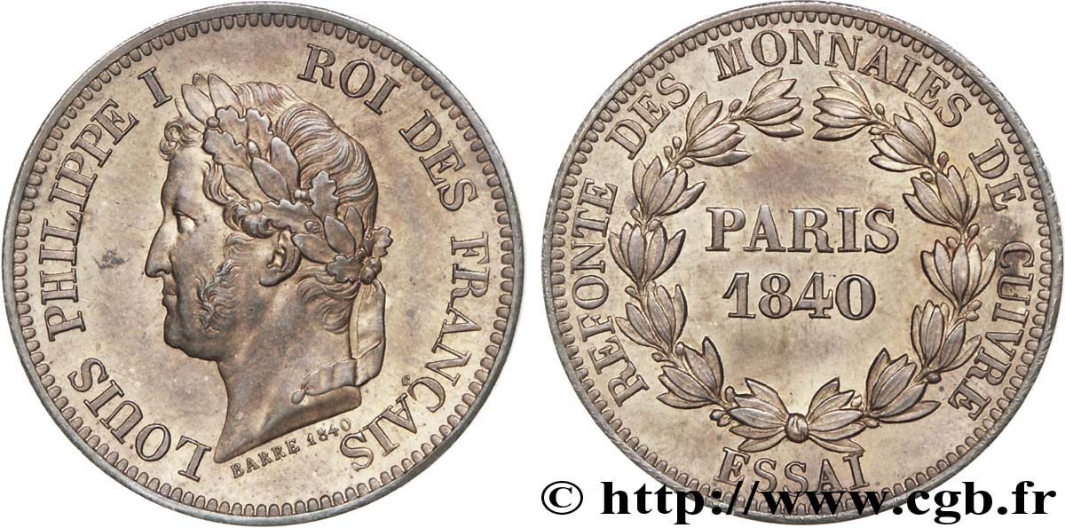 Refonte des monnaies de cuivre, essai au module de la 5 centimes, poids léger 1840 Paris VG.2918  AU 