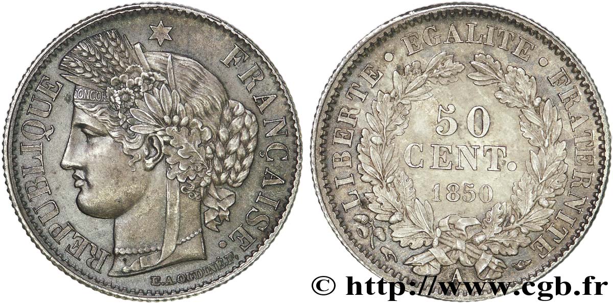 50 centimes Cérès Deuxième République 1850 Paris F.184/2 SPL 