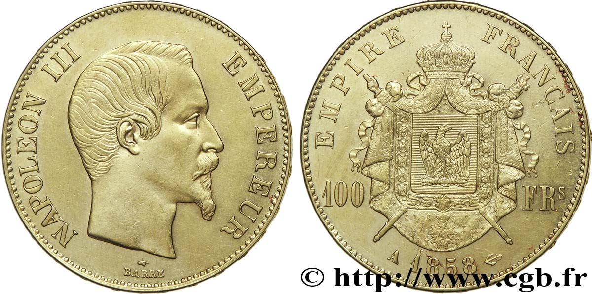 100 francs or Napoléon III, tête nue 1858 Paris F.550/5 XF 