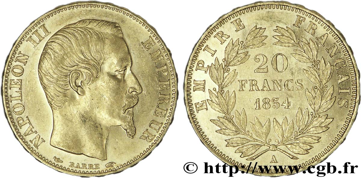 20 francs or Napoléon III, tête nue 1854 Paris F.531/2 SUP 