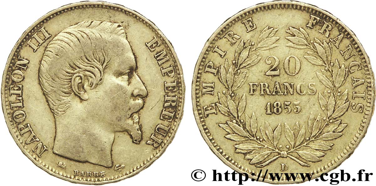 20 francs or Napoléon III, tête nue, frappe médaille 1855 Lyon F.531/7 var. TTB 