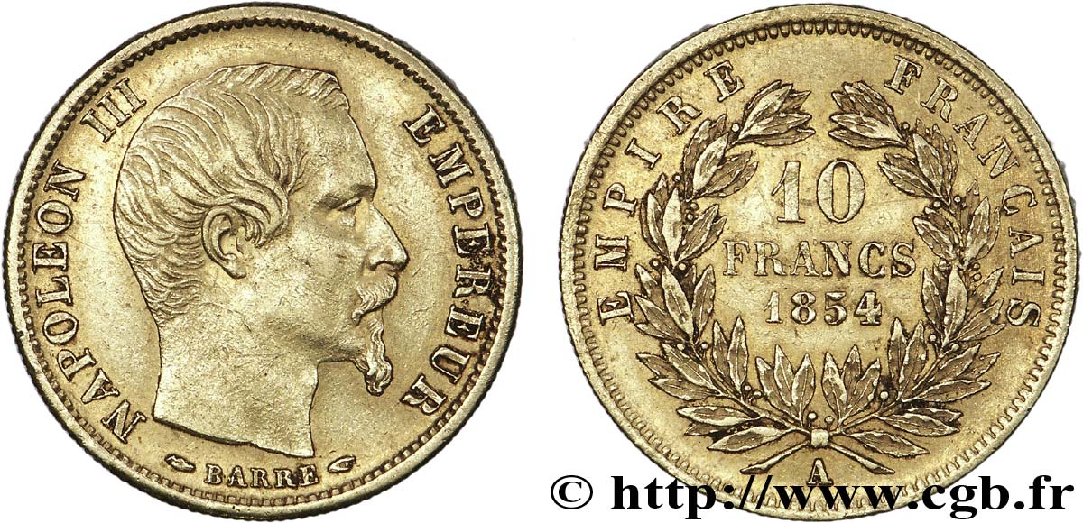 10 francs or Napoléon III tête nue, petit module, tranche cannelée 1854 Paris F.505A/1 BB 