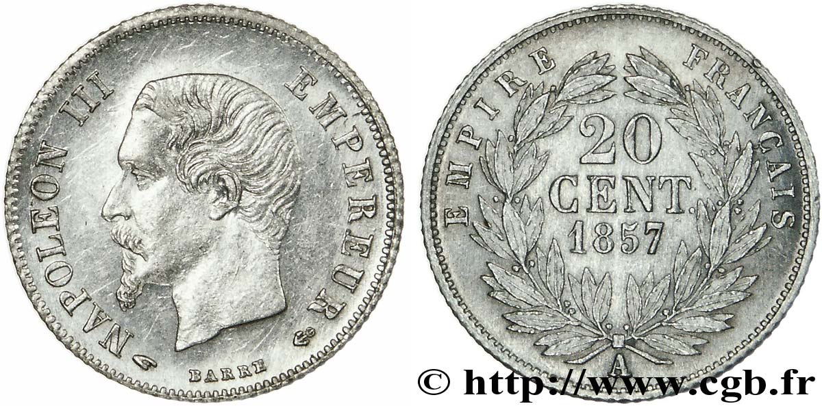 20 centimes Napoléon III tête nue 1857 Paris F.148/7 XF 