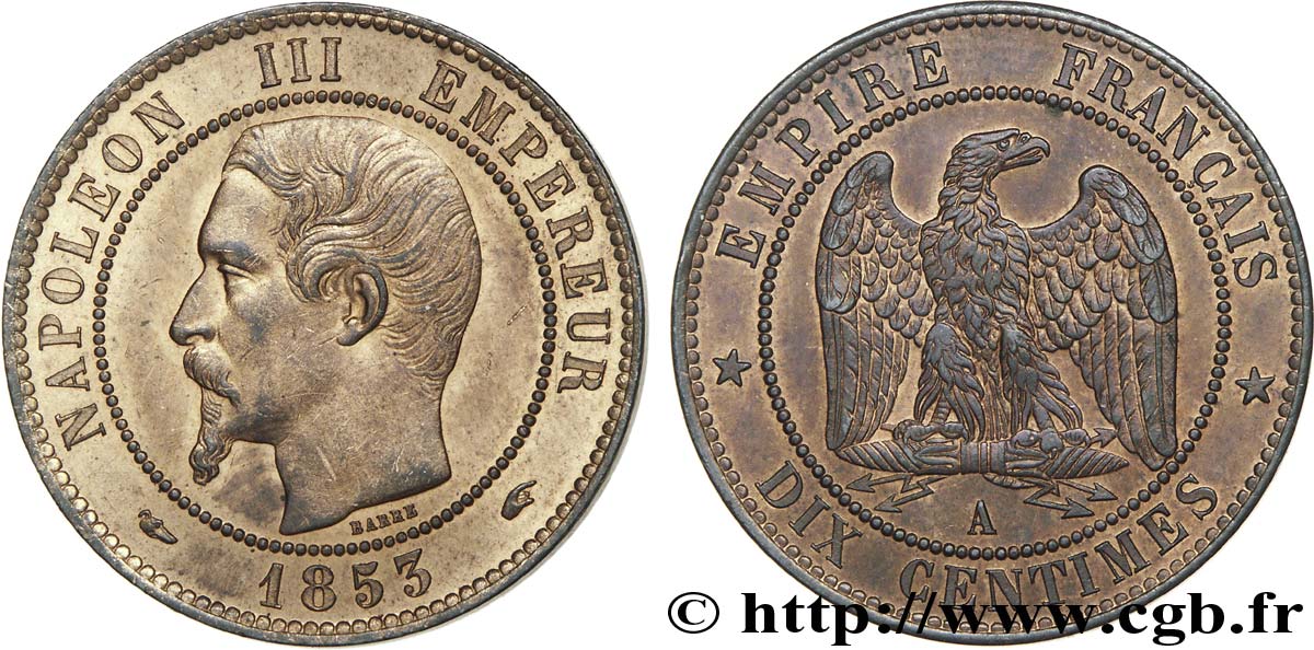 Dix centimes Napoléon III tête nue 1853 Paris F.133/2 SPL 