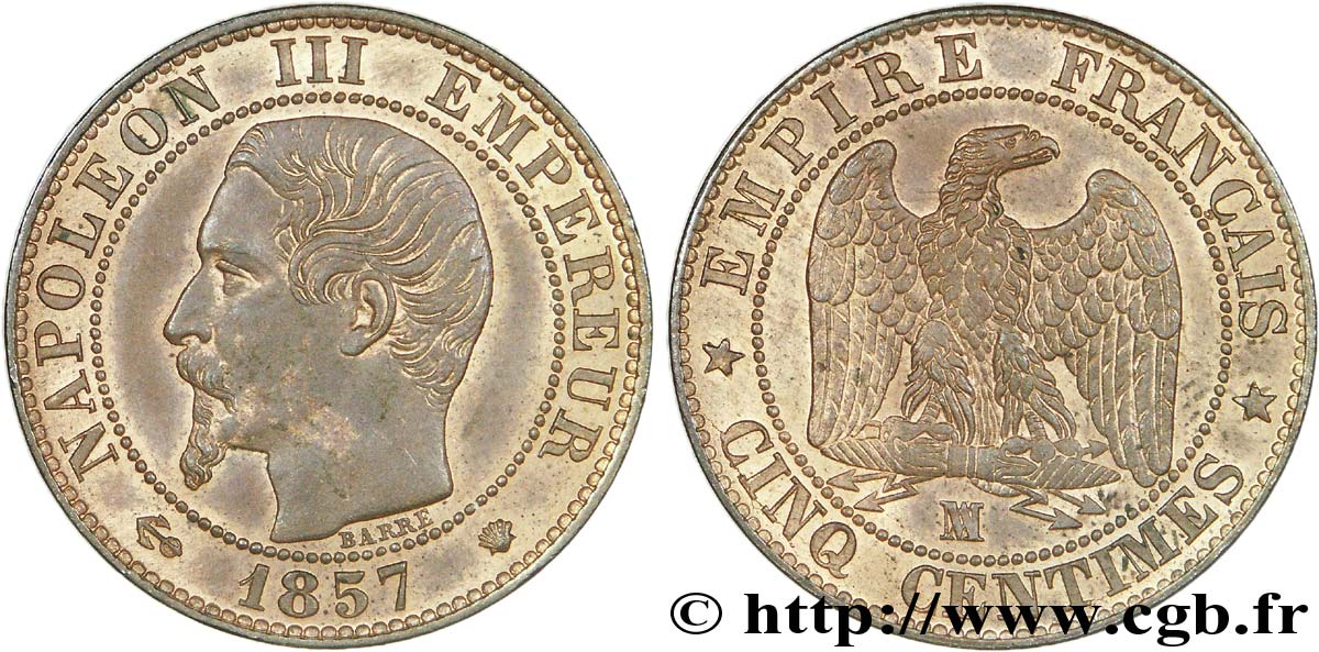 Cinq centimes Napoléon III tête nue 1857 Marseille F.116/42 VZ 