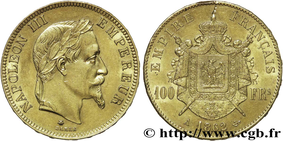 100 francs or Napoléon III tête laurée 1862 Paris F.551/1 MBC 