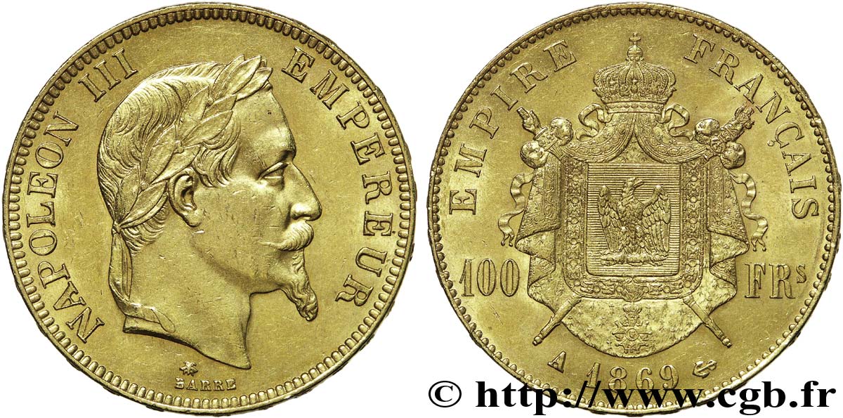 100 francs or Napoléon III tête laurée 1869 Paris F.551/12 XF 