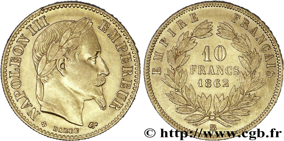 10 francs or Napoléon III tête laurée 1862 Strasbourg F.507/2 AU 