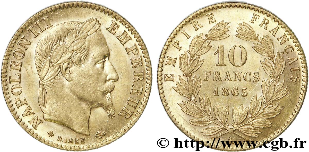 10 francs or Napoléon III tête laurée 1865 Paris F.507A/9 AU 