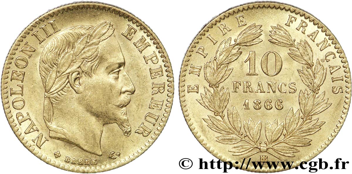 10 francs or Napoléon III tête laurée 1866 Strasbourg F.507A/13 AU 