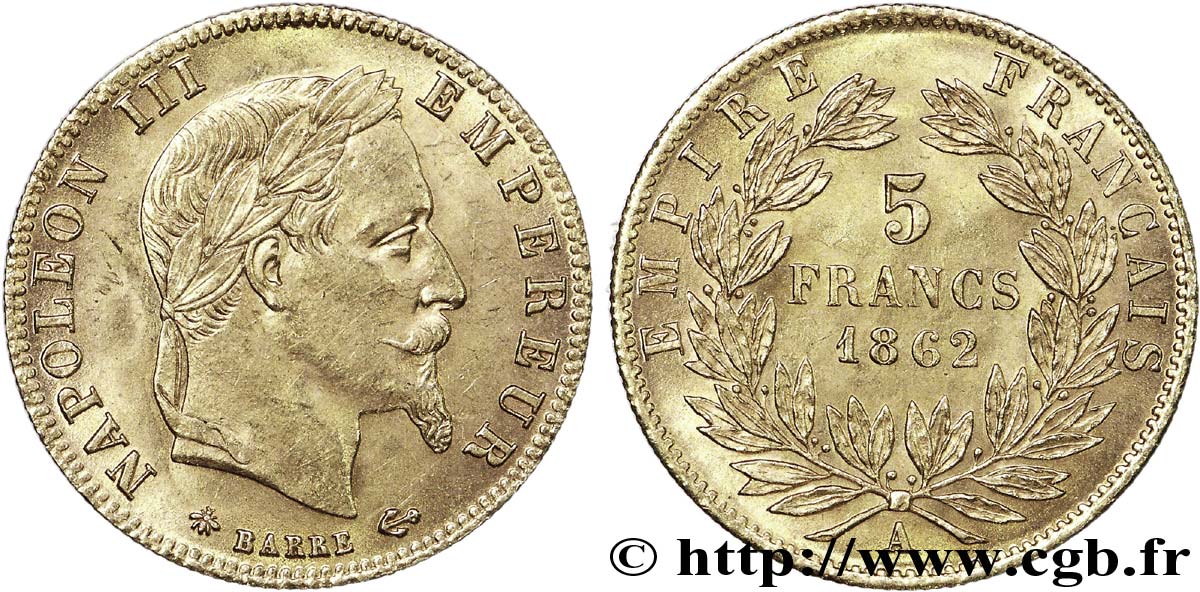 5 francs or Napoléon III tête laurée 1862 Paris F.502/1 SPL 