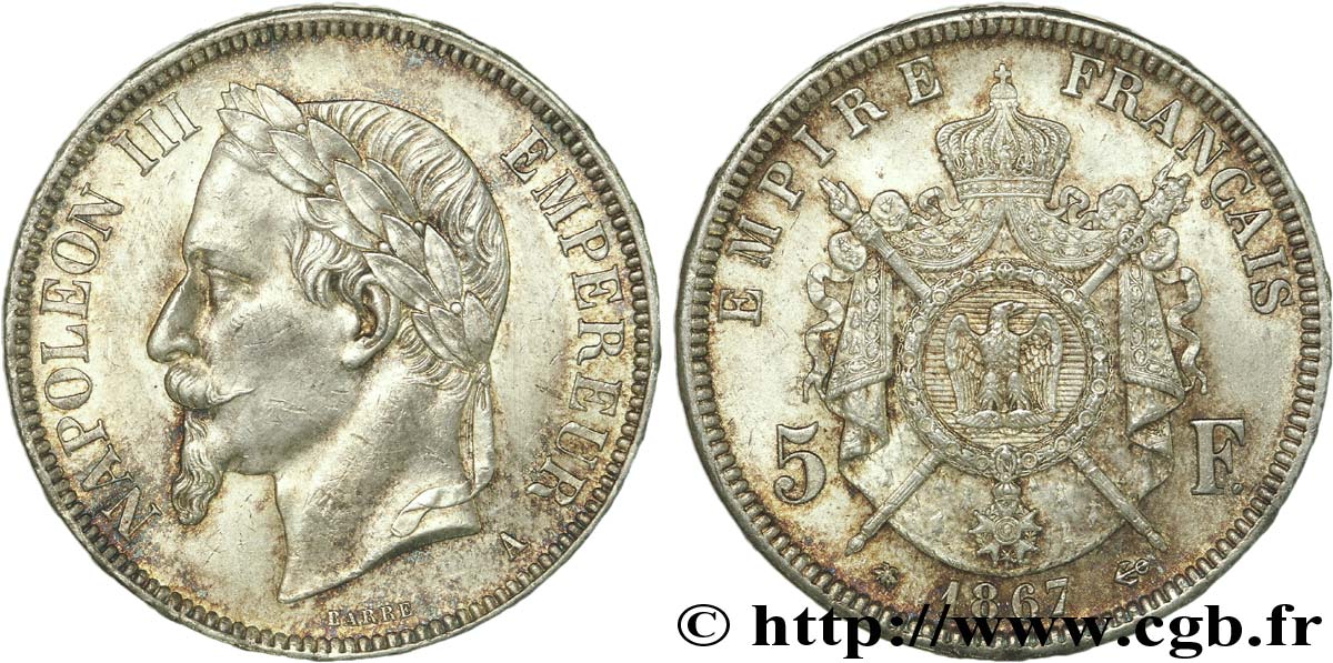 5 francs Napoléon III tête laurée 1867 Paris F.331/10 VZ 